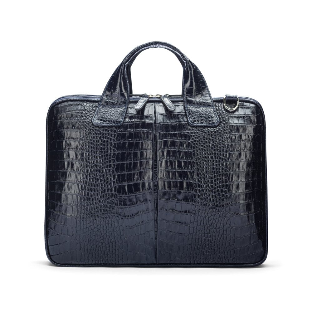 Leather 13" laptop briefcase, navy croc, front
