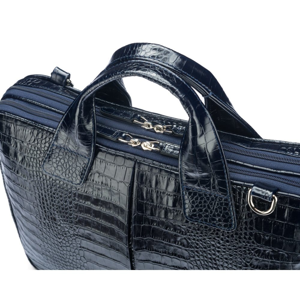 Leather 13&quot; laptop briefcase, navy croc, zip closure