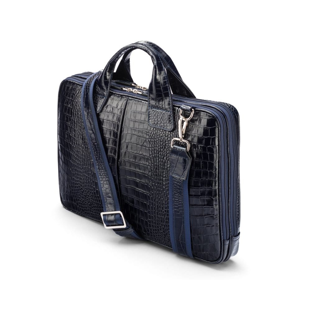 Leather 13&quot; laptop briefcase, navy croc, side