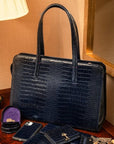 Ladies' leather 15" laptop handbag, navy croc, lifestye