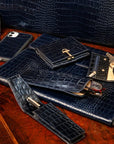 Large leather glasses case, navy croc, lifestyle