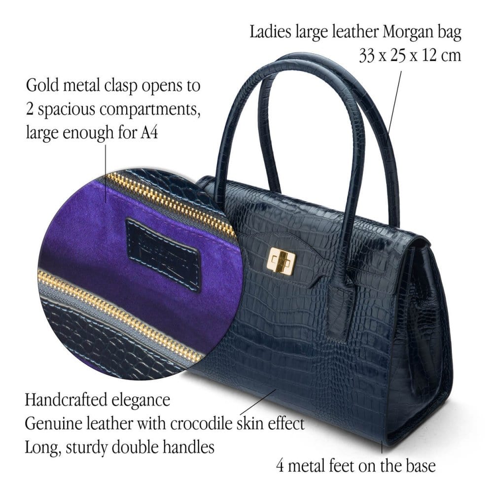 Large leather Morgan bag, navy croc, features