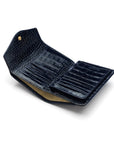 Large leather purse with 15 CC, navy croc, open