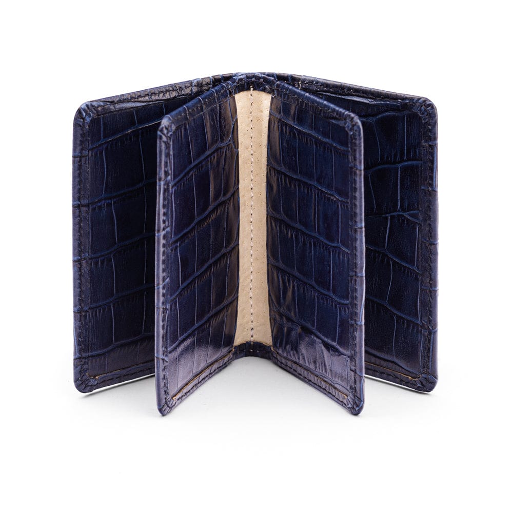Leather bifold card wallet, navy croc, open