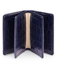 Leather bifold card wallet, navy croc, open