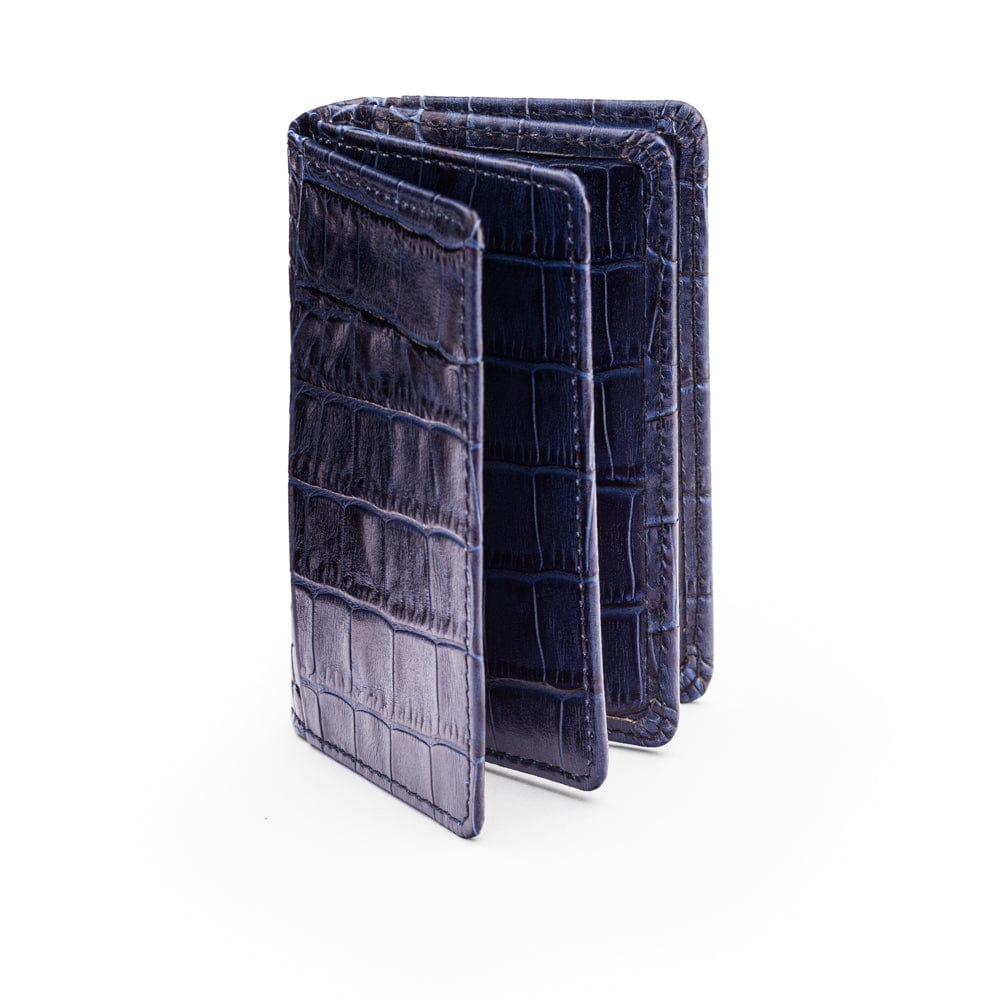 Leather bifold card wallet, navy croc, front