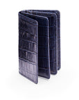 Leather bifold card wallet, navy croc, front