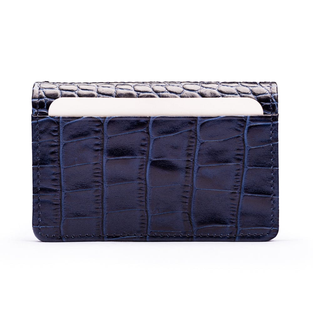 Leather bifold card wallet, navy croc, front view