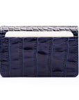 Leather bifold card wallet, navy croc, front view