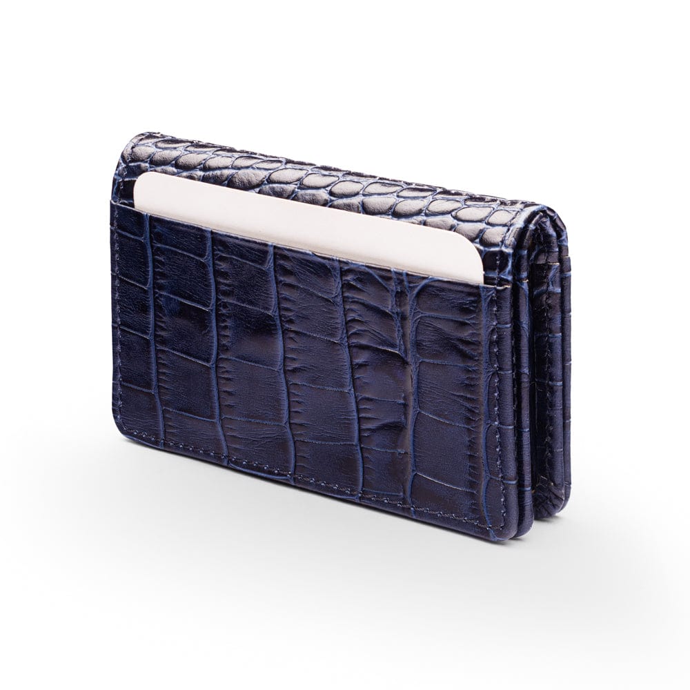 Leather bifold card wallet, navy croc, back