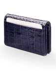 Leather bifold card wallet, navy croc, back