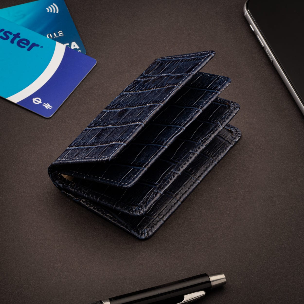 Leather bifold card wallet, navy croc, lifestyle