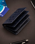 Leather bifold card wallet, navy croc, lifestyle