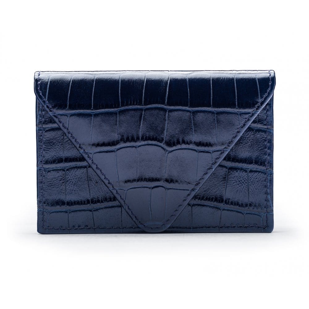 Leather business card envelope, navy croc, front