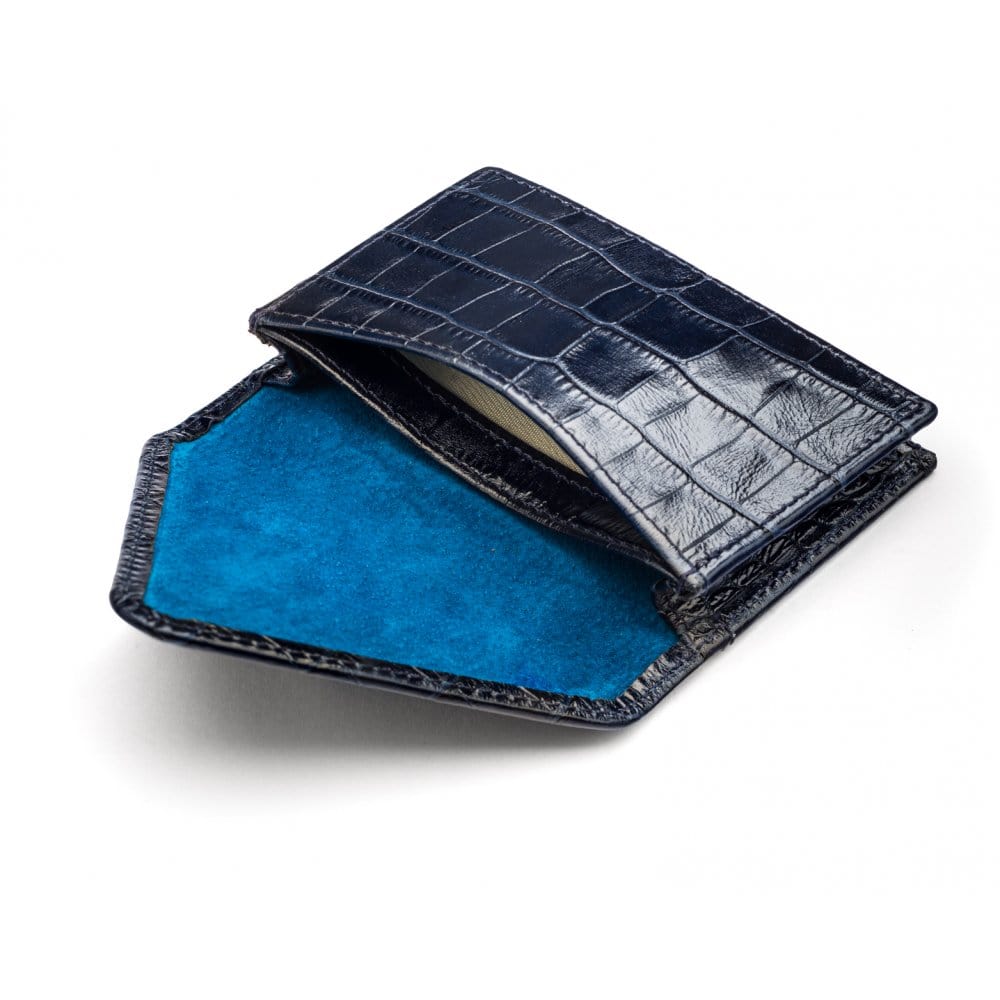 Leather business card envelope, tan, open