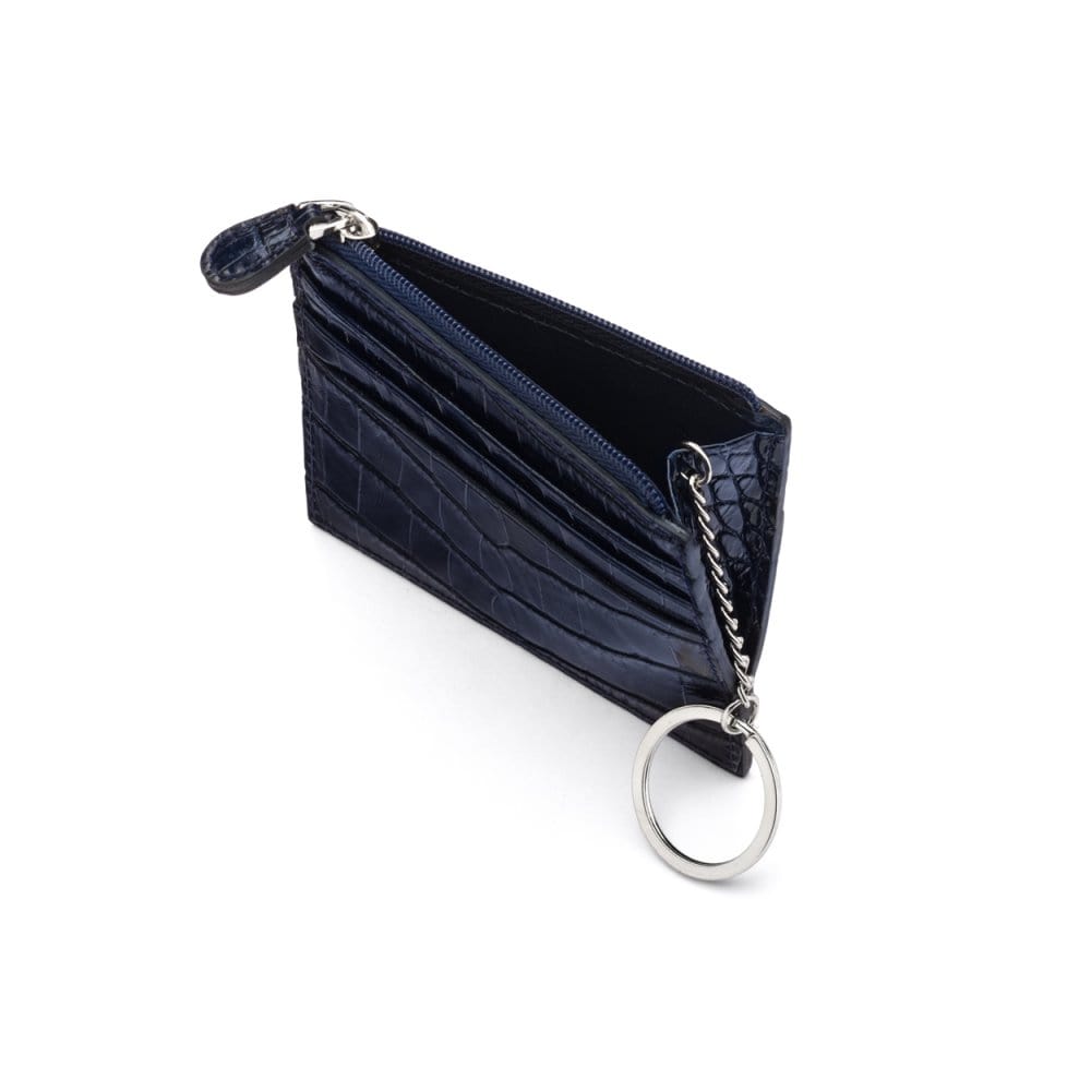 Leather card case with zip coin purse and key chain, navy croc, open