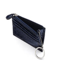 Leather card case with zip coin purse and key chain, navy croc, open