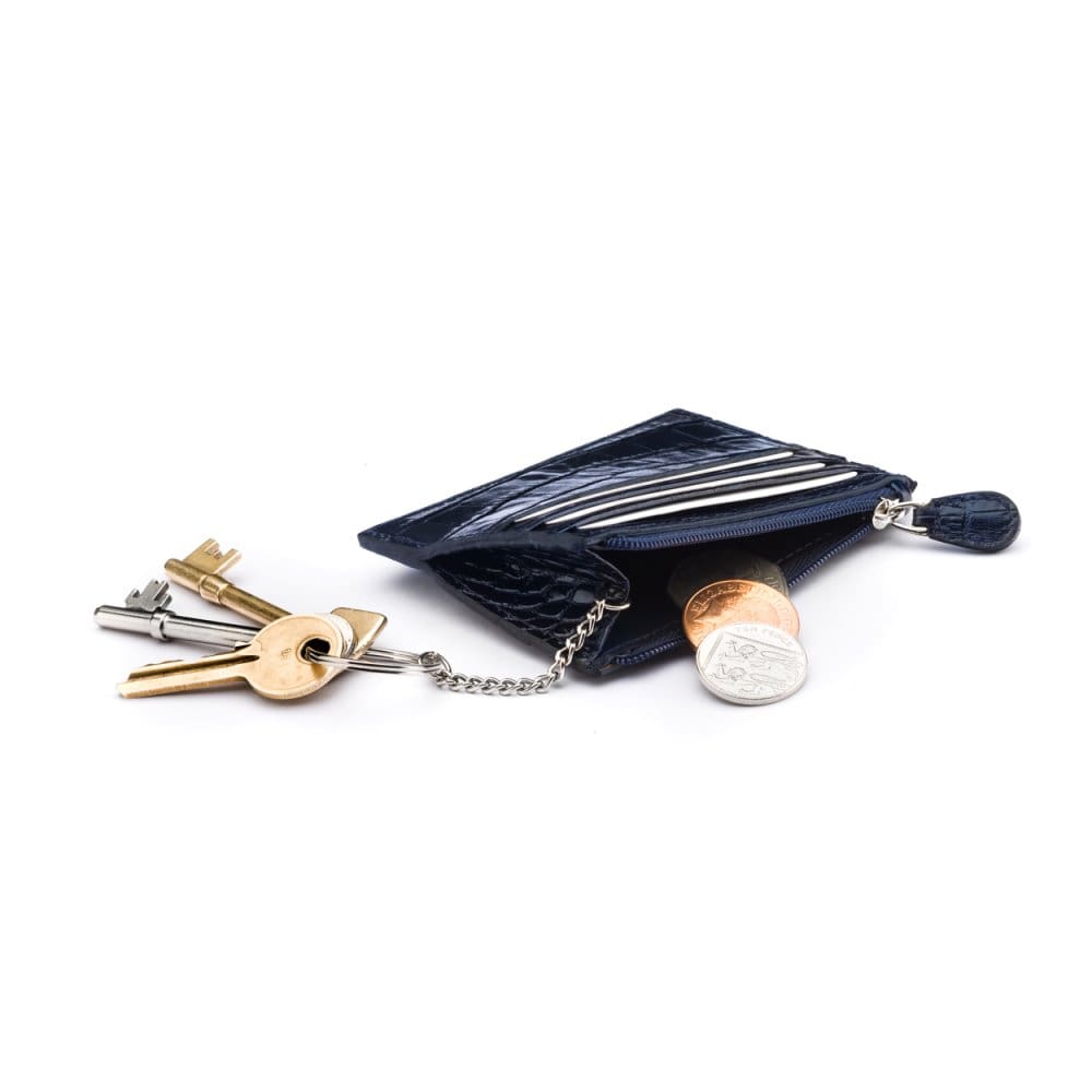 Leather card case with zip coin purse and key chain, navy croc, inside