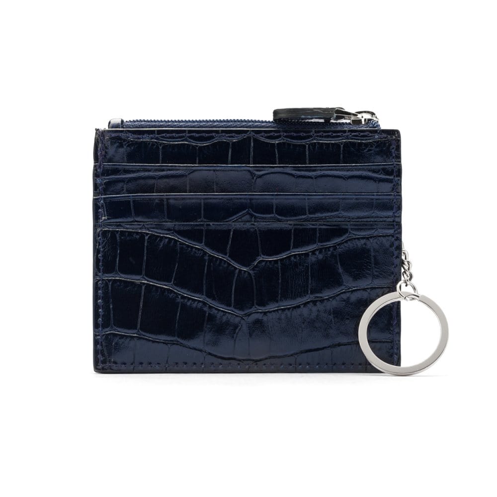 Leather card case with zip coin purse and key chain, navy croc, front