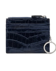 Leather card case with zip coin purse and key chain, navy croc, front