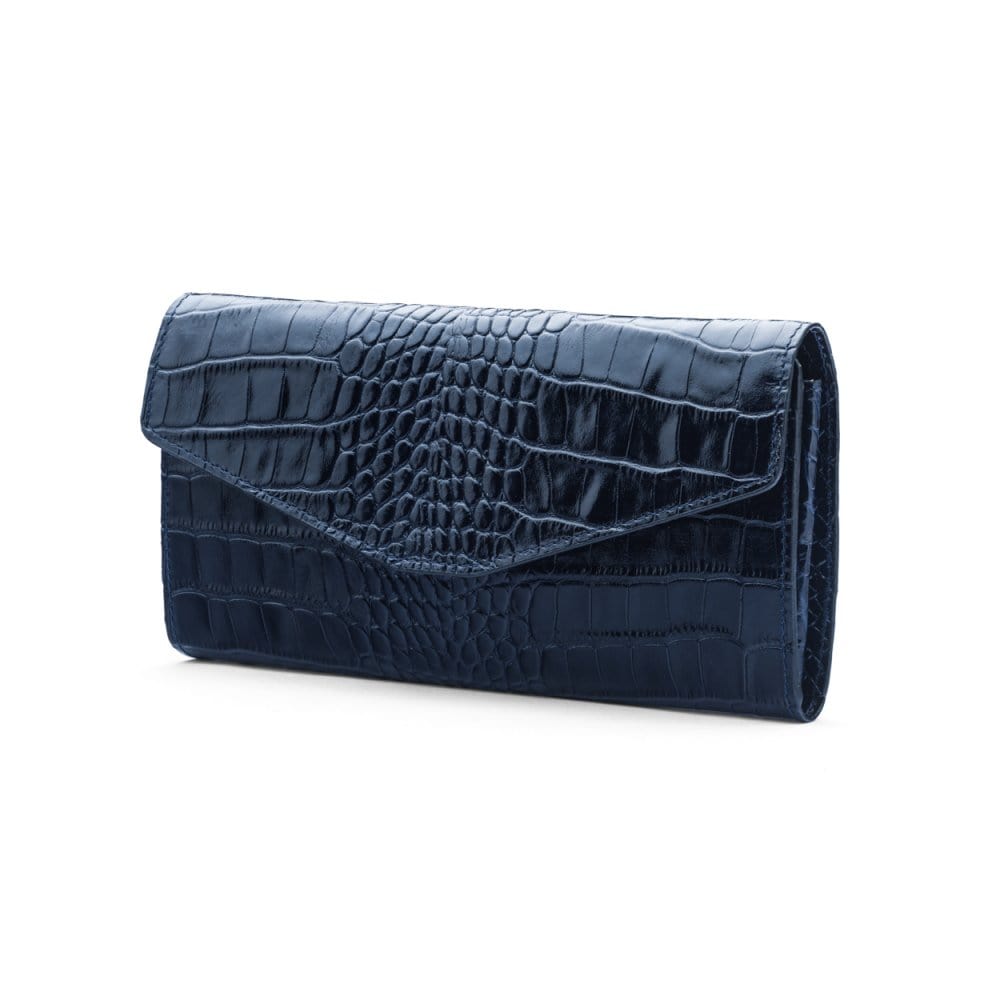 Leather accordion clutch purse with 12 card slots, navy croc, front