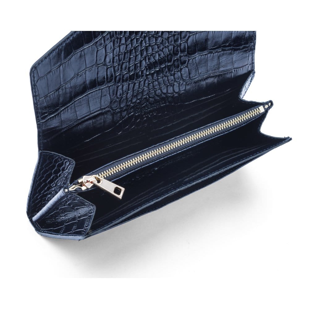 Leather accordion clutch purse with 12 card slots, navy saffiano, inside