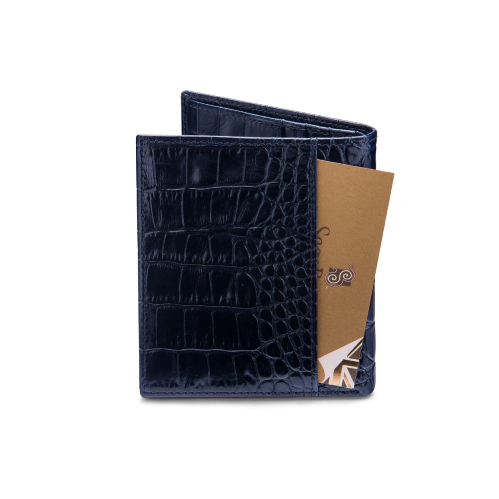 Leather compact billfold wallet 6CC, navy croc, back