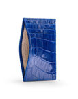 Leather credit card holder, cobalt croc, open