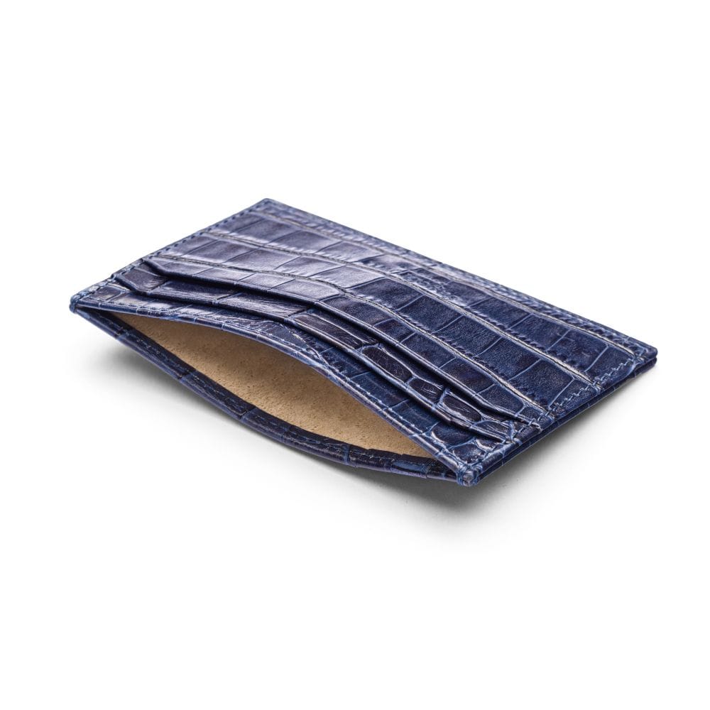 Leather credit card holder, navy croc. inside