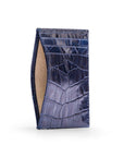 Leather credit card holder, navy croc, open