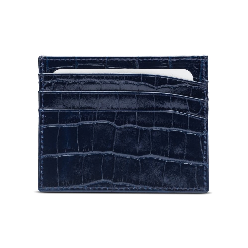 Leather flat credit card wallet 6 CC, navy croc, front