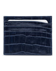 Leather flat credit card wallet 6 CC, navy croc, front