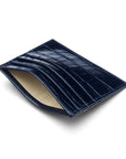 Leather flat credit card wallet 6 CC, navy croc, inside