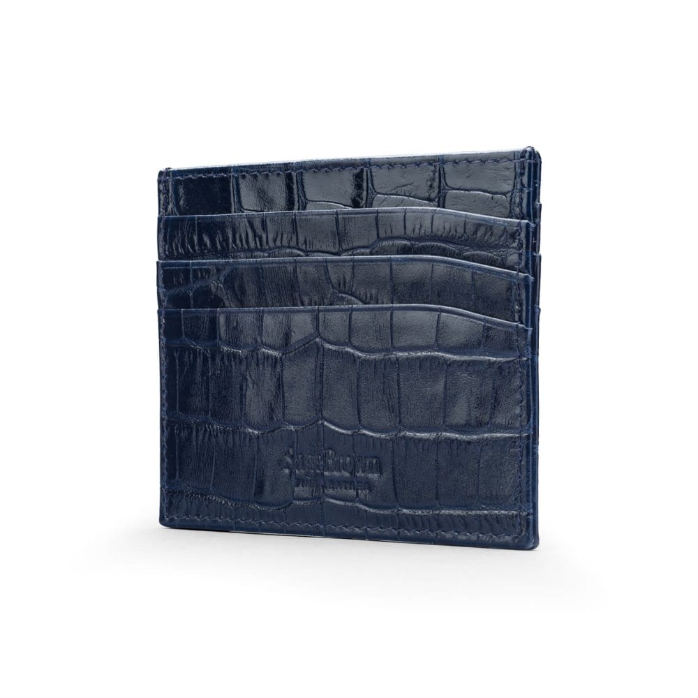 Leather flat credit card wallet 6 CC, navy croc, back