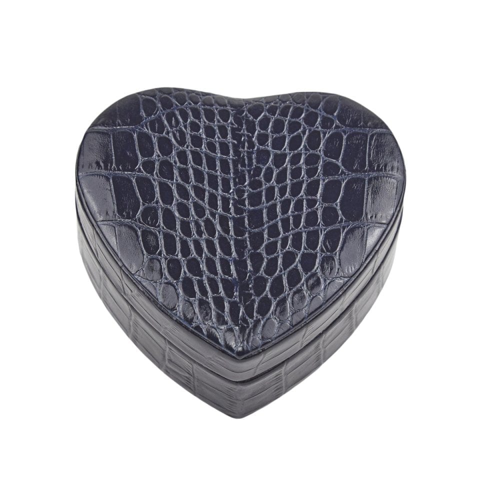 Leather heart shaped jewellery box, navy croc, front
