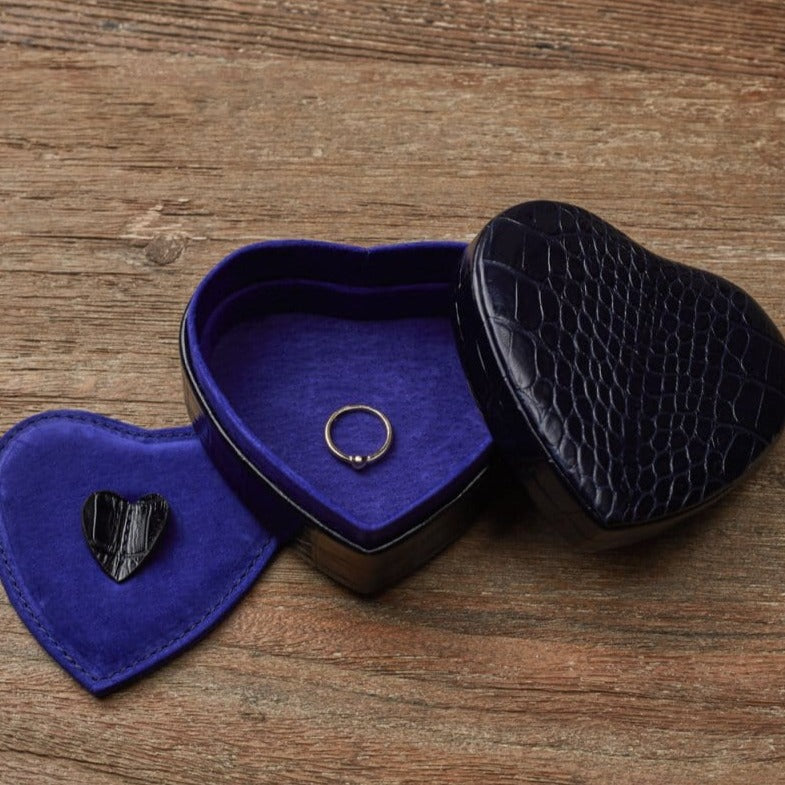 Leather heart shaped jewellery box, navy croc, lifestyle