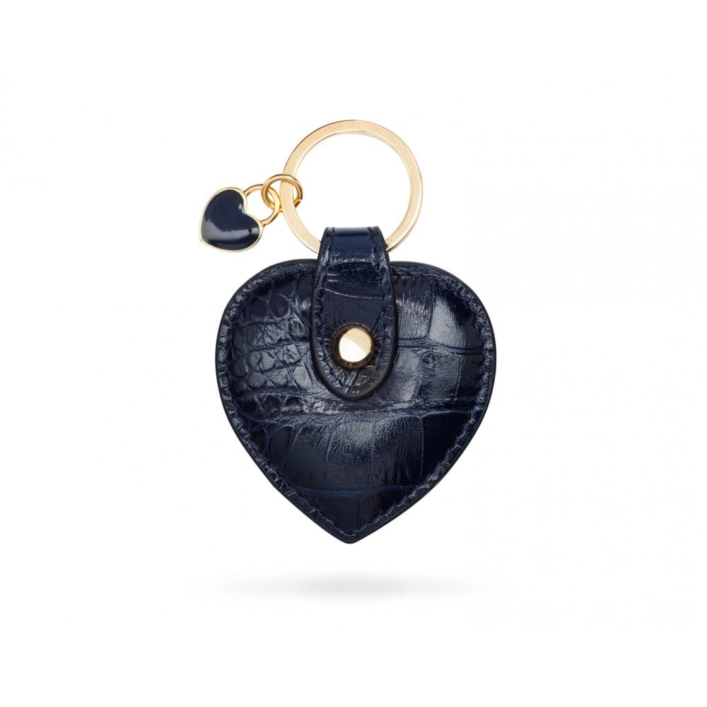 Leather heart shaped key ring, navy croc, front