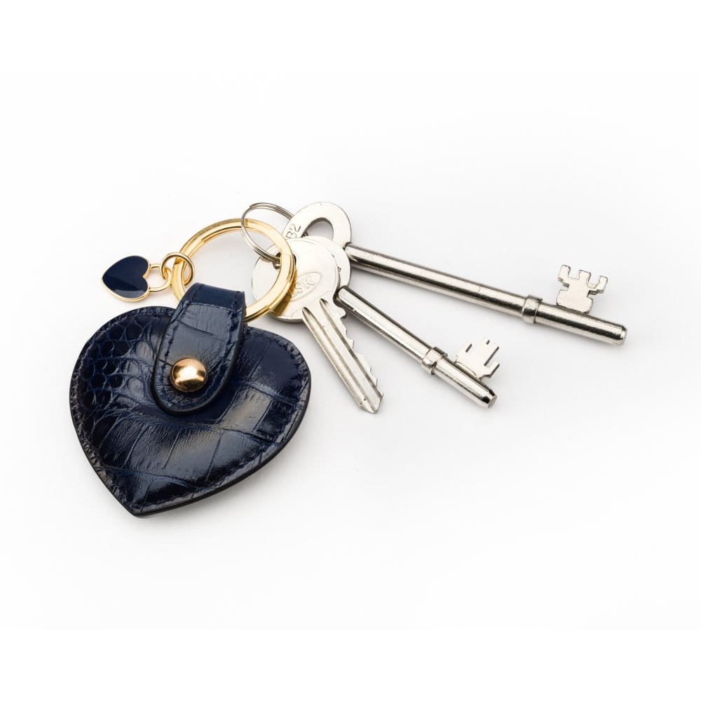 Leather heart shaped key ring, navy croc