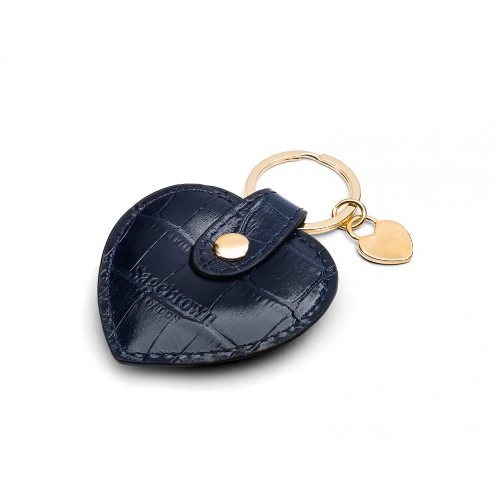 Leather heart shaped key ring, navy croc, back