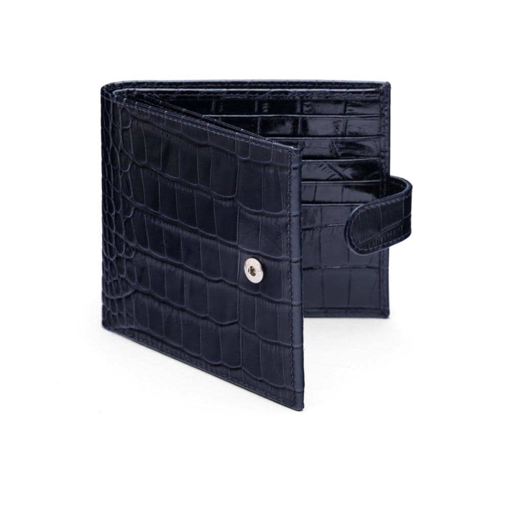 Leather wallet with tab closure, navy croc, front