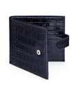 Leather wallet with tab closure, navy croc, front