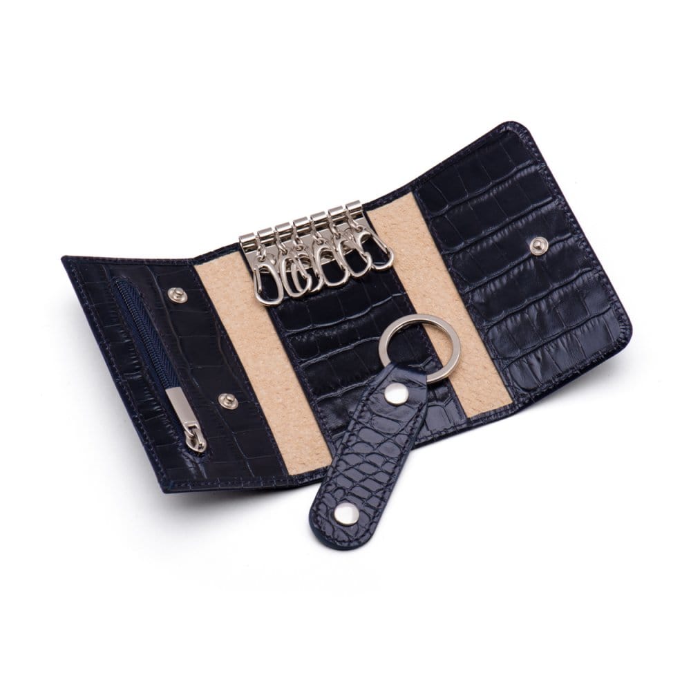 Key wallet with detachable key fob, navy croc, open