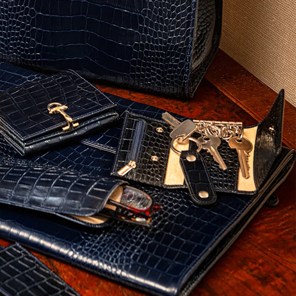 Key wallet with detachable key fob, navy croc, lifestyle