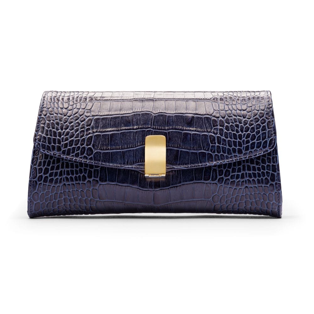 Leather clutch bag, navy croc, front view