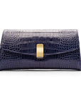 Leather clutch bag, navy croc, front view