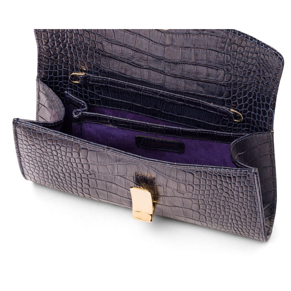 Leather clutch bag, navy croc, inside view