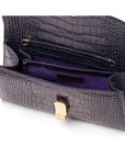 Leather clutch bag, navy croc, inside view