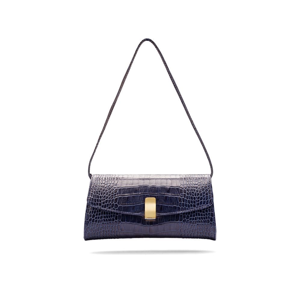 Leather clutch bag, navy croc, short strap