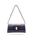 Leather clutch bag, navy croc, short strap