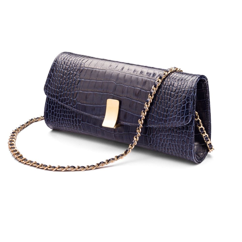 Leather clutch bag, navy croc, long chain strap